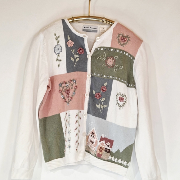 Alfred Dunner Sweaters - Vintage Alfred Dunner Patchwork Floral Embroidery Cardigan Sweater Cottagecore
